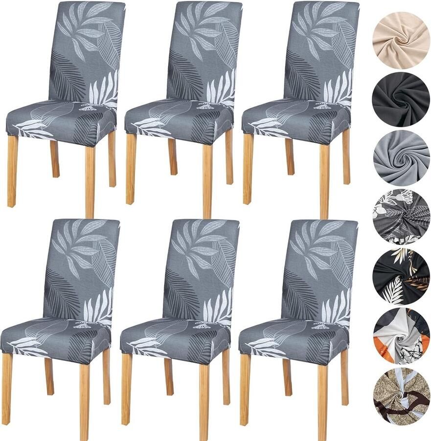 Stoelhoes Set van 6 Stuks Stretch Afneembaar Wasbaar Universeel voor Hotel Restaurant Thuis Grijze Bladeren