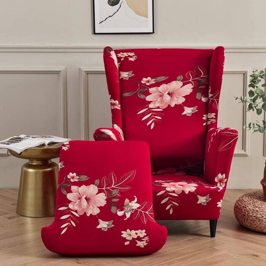 Stoelhoes voor oorfauteuil 2-delige set rekbare hoes van wasbaar elastaan meubelbeschermer voor oorfauteuil in woonkamer slaapkamer of hotel (geurige rode bloem)