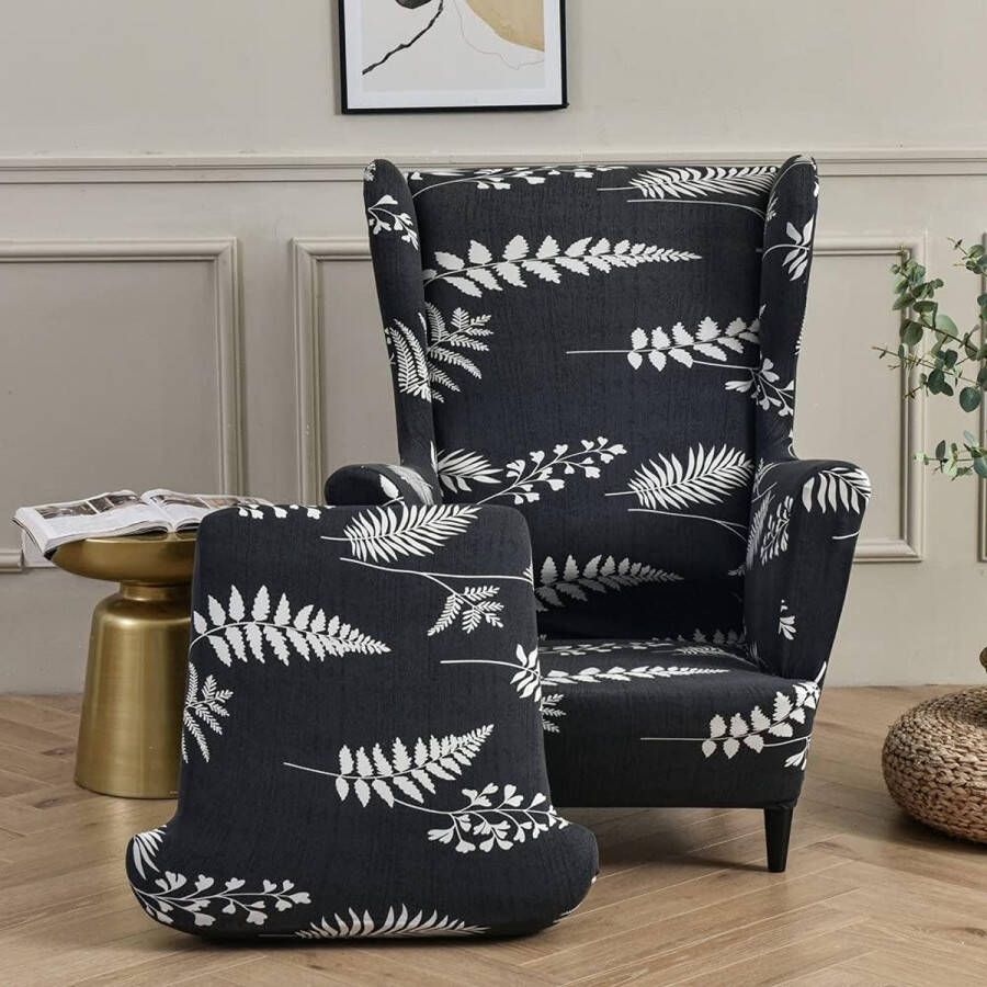 Stoelhoes voor oorfauteuil 2-delige set rekbare hoes van wasbaar elastaan meubelbeschermer voor oorfauteuil in woonkamer slaapkamer of hotel zwart (black fern)