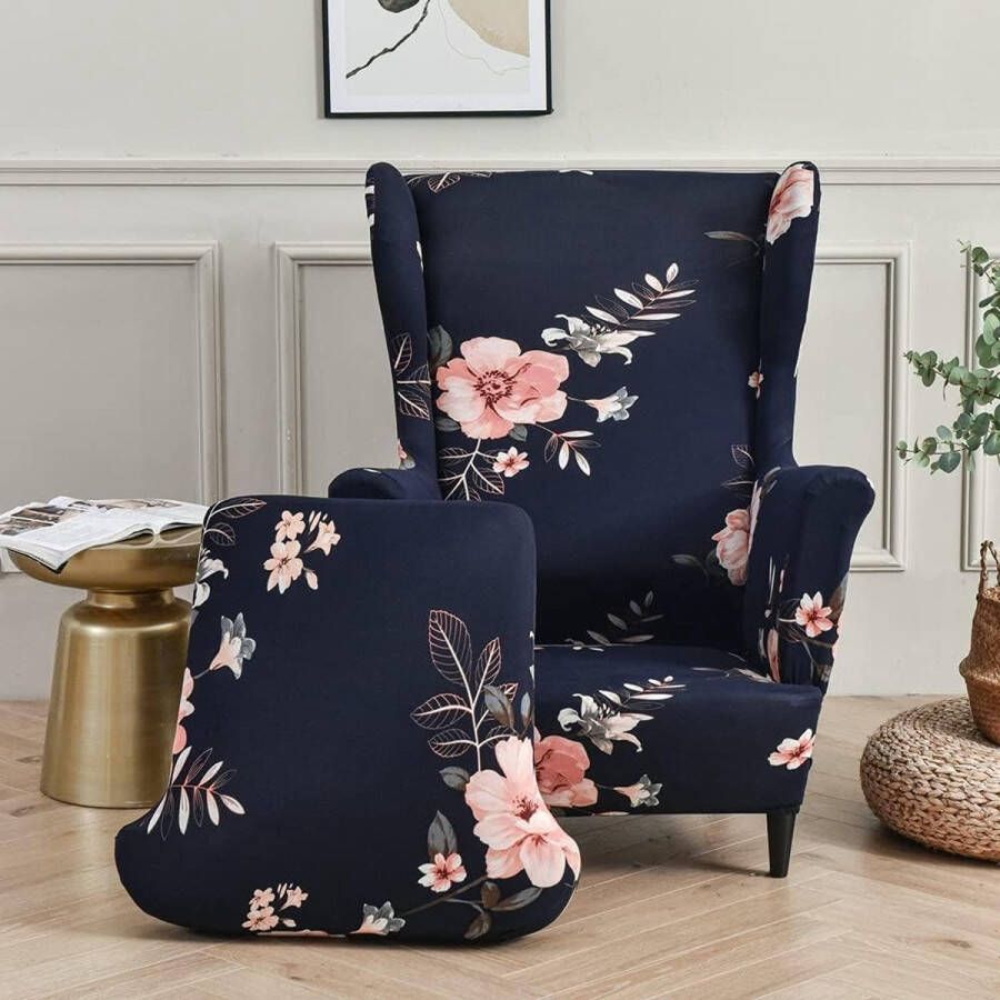 Stoelhoezen 2-delige Stretch Wing Stoel Slipcover Wasbare Spandex Stoelhoes Meubelbeschermer voor Fauteuil Stoel Woonkamer Slaapkamer Hotel (Fragrant bloem blauw)