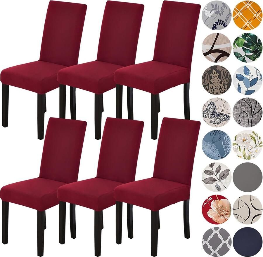 JGS Stoelhoezen 6-delige set stretch afneembaar wasbaar eetkamerstoel beschermbril voor hotel restaurant keuken huwelijksfeest (wijnrood 6 stuks)