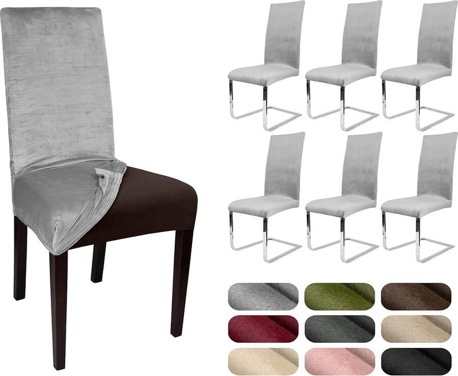 Stoelhoezen elastische Uni Stretch hoezen van fluweel microvezel kleur naar keuze lichtgrijs set van 6