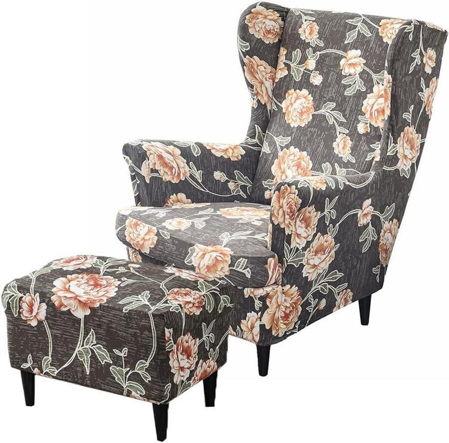 Allecto Premium Stoelhoezen fauteuil 2-delig Rekbare elastische hoes Wasbaar Meubelbeschermer voor stoelen Slaapkamer & hotel Oranje bloem motief