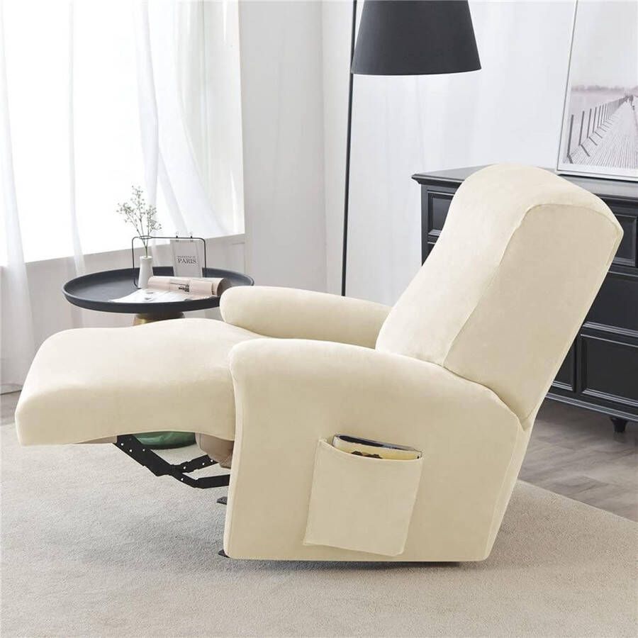 Stoelhoezen met zakken effen kleur fluwelen fauteuilhoezen 4 stuks polyester spandex meubelbeschermer antislip hoes voor fauteuil voor woonkamer (beige)