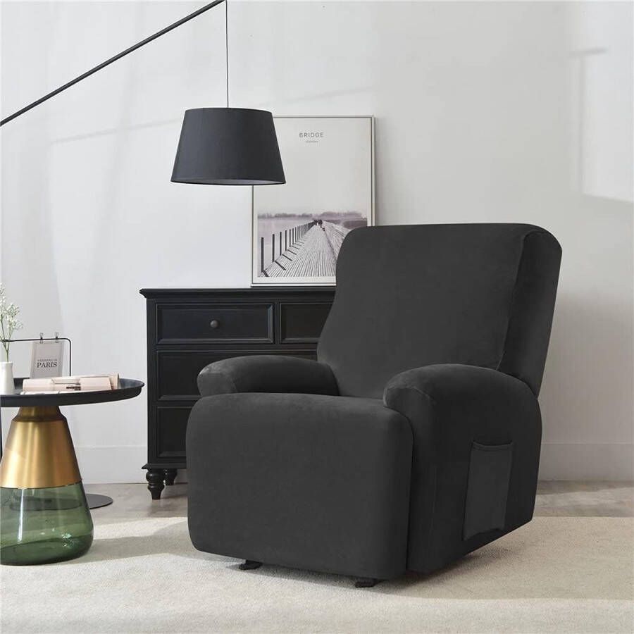 Stoelhoezen met zakken effen kleur fluwelen fauteuilhoezen polyester spandex meubelbeschermer antislip hoes voor fauteuil voor woonkamer (zwart)
