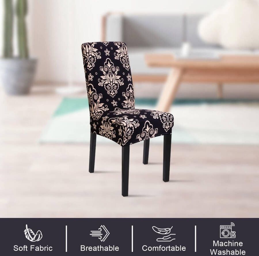 Stoelhoezen set van 4 stuks stretch afneembare wasbare stoelhoezen stretch stoelhoes met elastiek voor hotel banket restaurant huis feest bruiloft (zwart-bloemen 4 stuks)