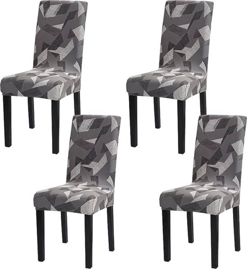 Stoelhoezen set van 4 stuks stretch afneembare wasbare stoelhoezen stretch stoelhoes met elastiek voor hotel banket restaurant huis feest bruiloft (grijs-geometrie 4 stuks)