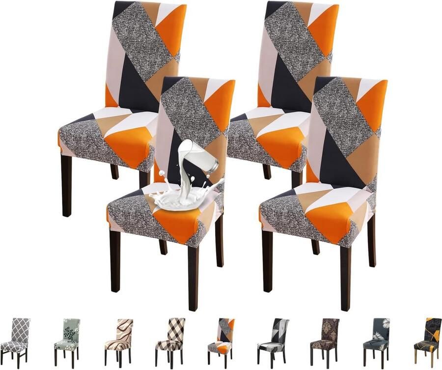 Stoelhoezen set van 4 waterdichte stoelhoezen voor eetkamerstoelen stretch stoelhoezen schommelstoelen wasbaar universele decoratie stoelhoes voor thuis restaurant keuken hotel geometrie oranje - Foto 4