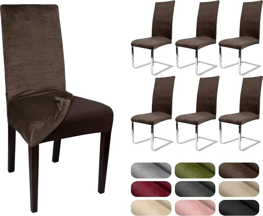 Stoelhoezen set van 6 elastische effen stretchhoezen van fluweel microvezel kleur naar keuze (bruin)