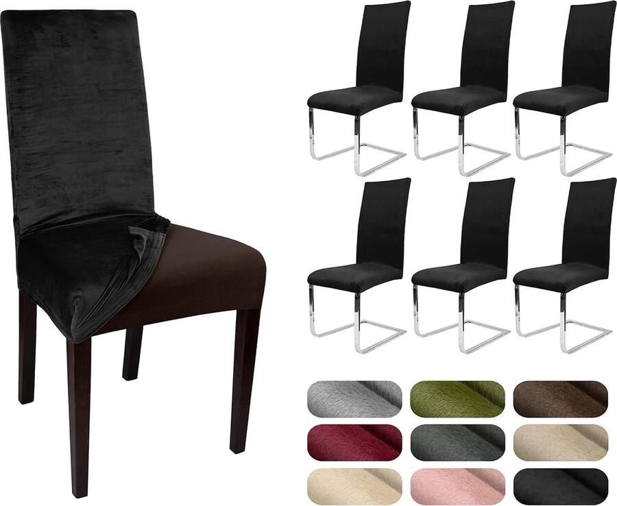 Stoelhoezen set van 6 elastische effen stretchhoezen van fluweel microvezel kleur naar keuze (zwart)