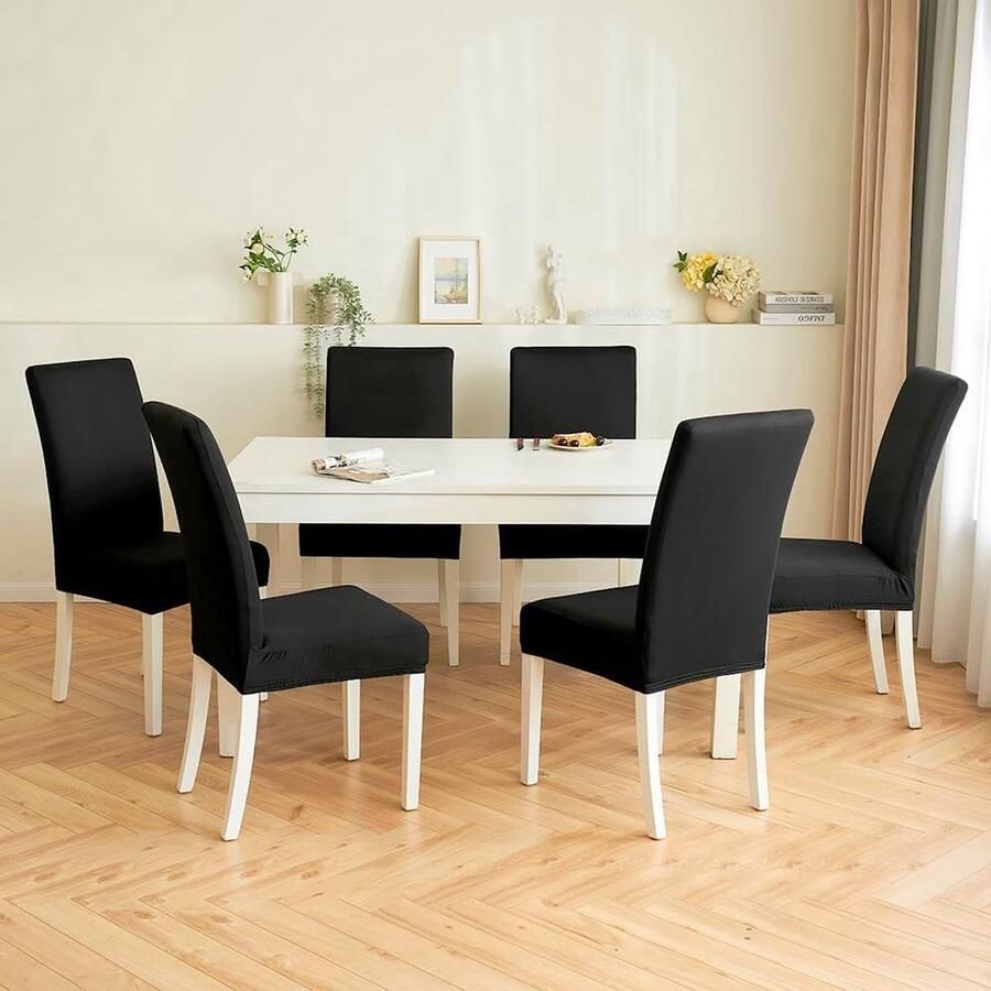 Merkloos MIULEE Stoelhoezen set van 6 stretch afneembare eetkamerstoelen wasbaar duurzaam moderne hoezen onderhoudsvriendelijk voor keuken woonkamer restaurant banket familie feest Zwart