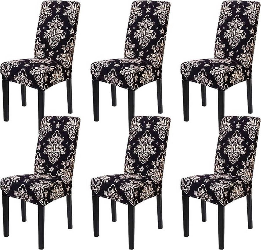 Stoelhoezen set van 6 stuks afneembaar wasbaar stretch stoelhoes met elastiek voor hotel banket restaurant huis feest bruiloft (zwart-bloemen 6 stuks)
