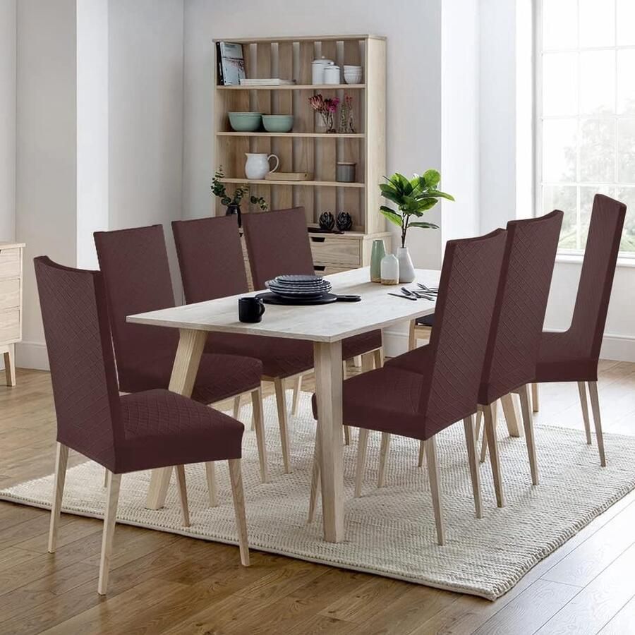 Stoelhoezen set van 6 stuks universele stretch stoelhoezen moderne jacquard hoezen afneembare stoelhoes afdekking eetkamerovertrek bi-elastische hoeslaken voor banketdecoratie en bruiloftsfeesten (donkerbruin set van 6)