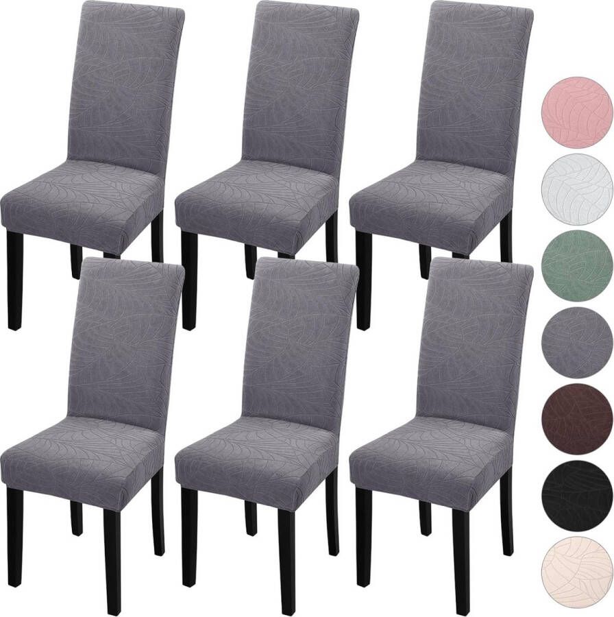 Stoelhoezen set van 6 universele stretch jacquard bladeren stoelhoezen hoezen voor stoelen afneembare wasbare stoelhoezen voor hotel ceremonie banket keuken huis bruiloft feest (donkergrijs)