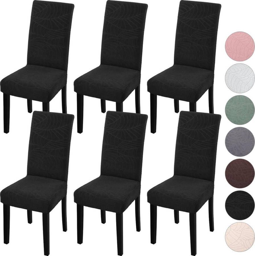 Stoelhoezen set van 6 universele stretch jacquard bladeren stoelhoezen voor stoelen afneembaar wasbaar voor hotel ceremonie banket keuken huis bruiloft feest (pikzwart)