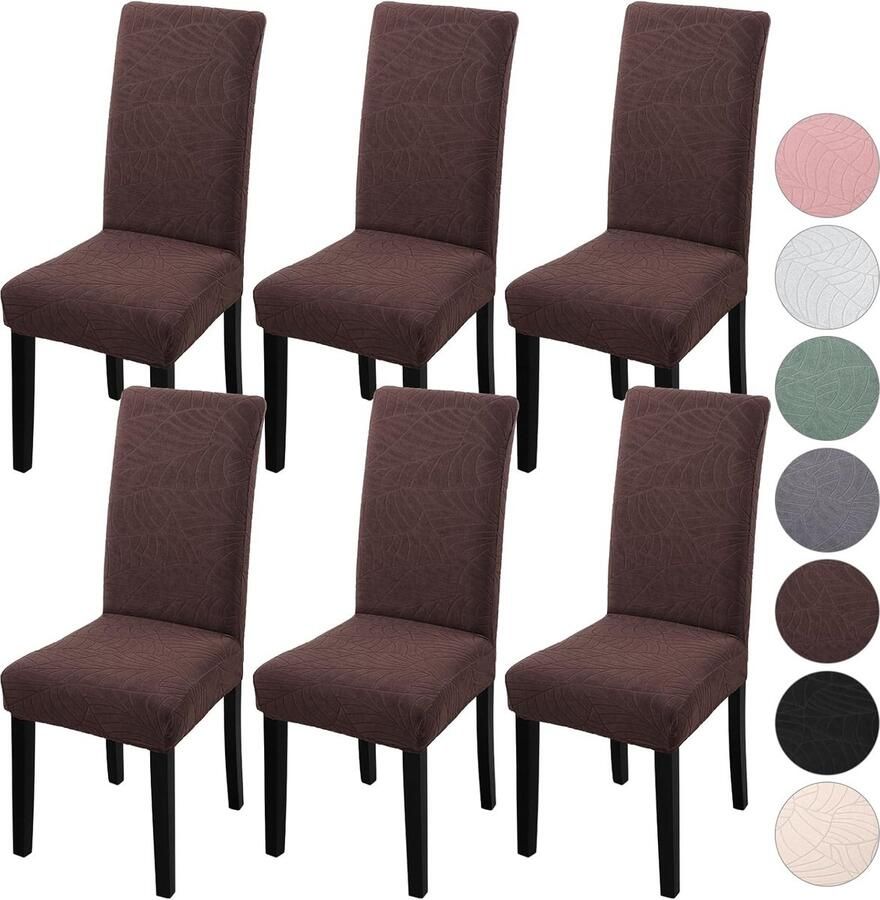 Stoelhoezen set van 6 universele stretch jacquard bladeren stoelhoezen voor stoelen afneembaar wasbaar voor hotel ceremonie banket keuken huis bruiloft feest (koffiekleur)