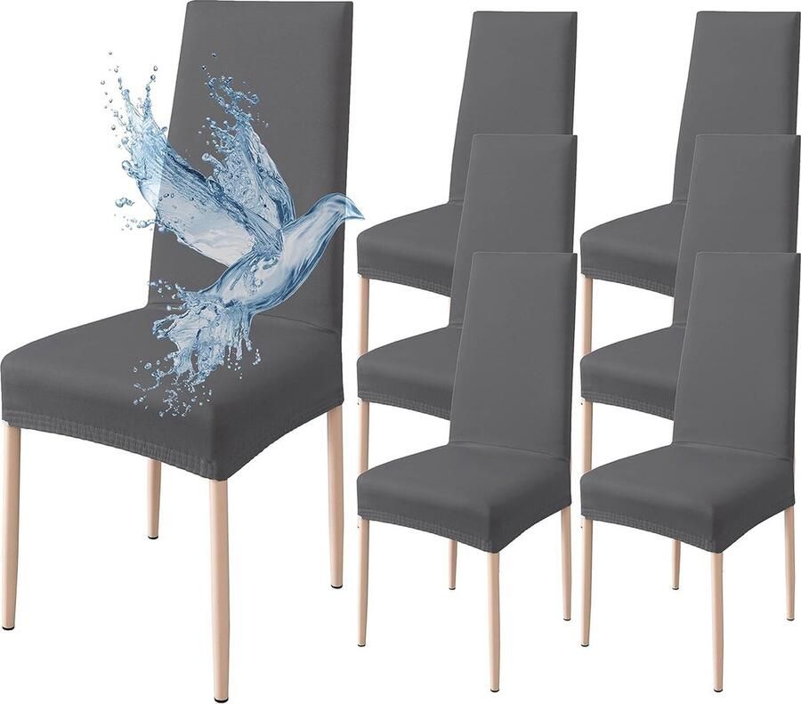 Stoelhoezen Set van 6 Waterdichte Stretch Universeel Zacht en Comfortabel Oeko-TEX Gecertificeerde Stoelhoezen voor Thuis Keuken Bruiloft Restaurant Feest Hotel Ceremonie Banket Donkergrijs