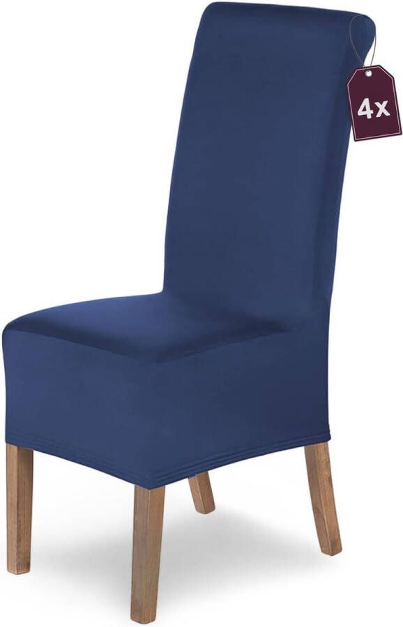 Stoelhoezen stretch Lena blauwe stoelhoezen set van 4 rekbare stoelhoezen met hoge rugleuning als stoelhoes wasbaar