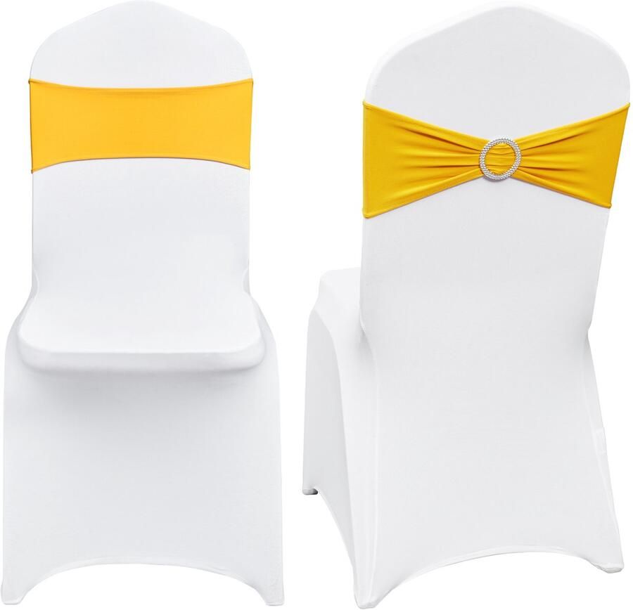 Stoelhoezen van elastisch spandex universele pasvorm met stoelriemen. Afneembaar en wasbaar. 30 stuks in goud en wit voor bruiloften partijen en diners