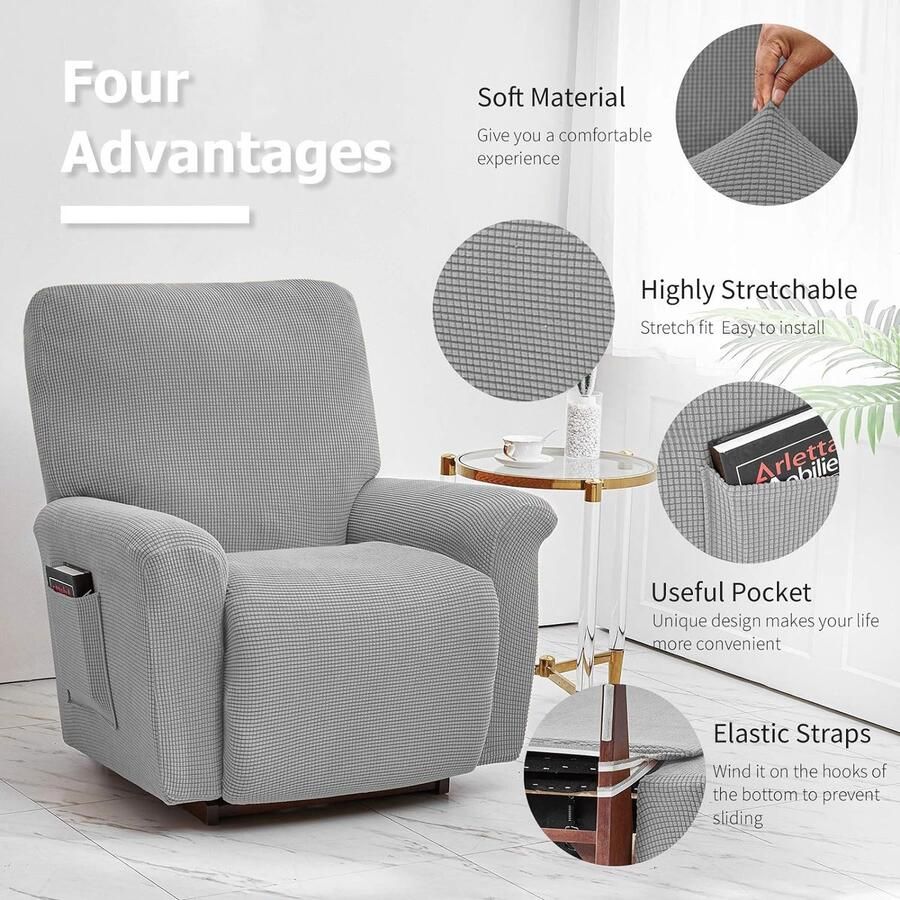 Stoelhoezen voor fauteuil 4-delig met fluwelen fauteuilhoes stretch voor zijvak vleugelstoelhoezen standaard gemonteerd voor woonkamer sofa hoes (Ligstoel Zilvergrijs)