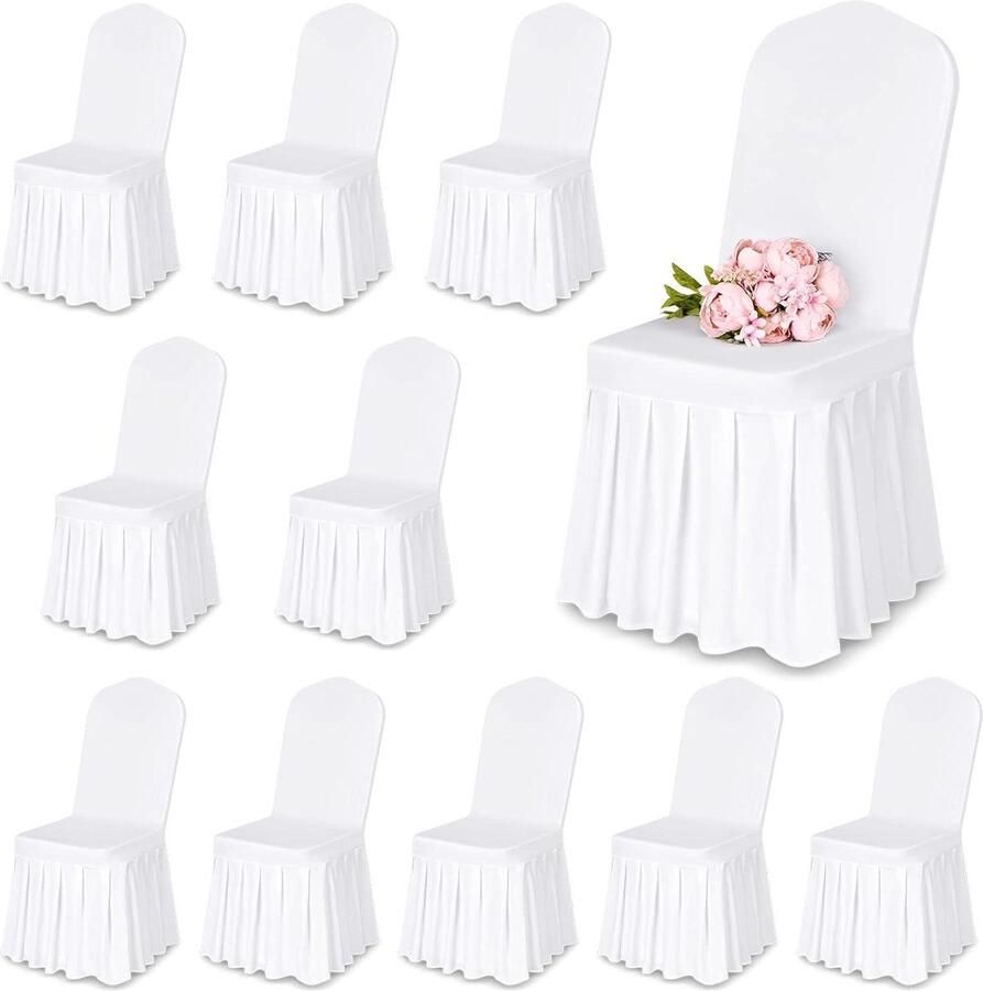 Stoelhoezen wit polyester spandex lycra 10 stuks met rok eetkamer bruiloft universele wasbare beschermende stoelhoezen bruiloftsfeest banket decoratiehoezen Stoelhoezen