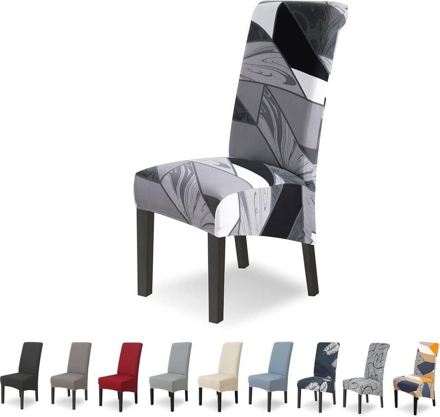 Stoelhoezen XL set van 6 geometrisch zwart stretch voor eetkamerstoelen