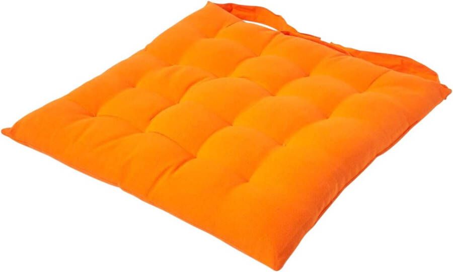 Stoelkussen 40 x 40 cm oranje zitkussen met banden en knoopsluiting effen kussen voor stoelen met overtrek van 100% katoen en zachte polyester vulling