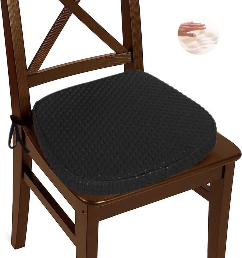 Stoelkussen met banden voor eetkamerstoel traagschuim keuken eetkamerstoel pad antislip eetkamer zitkussen met machinewasbaar hoes 43 x 40 cm (1 pak zwart)