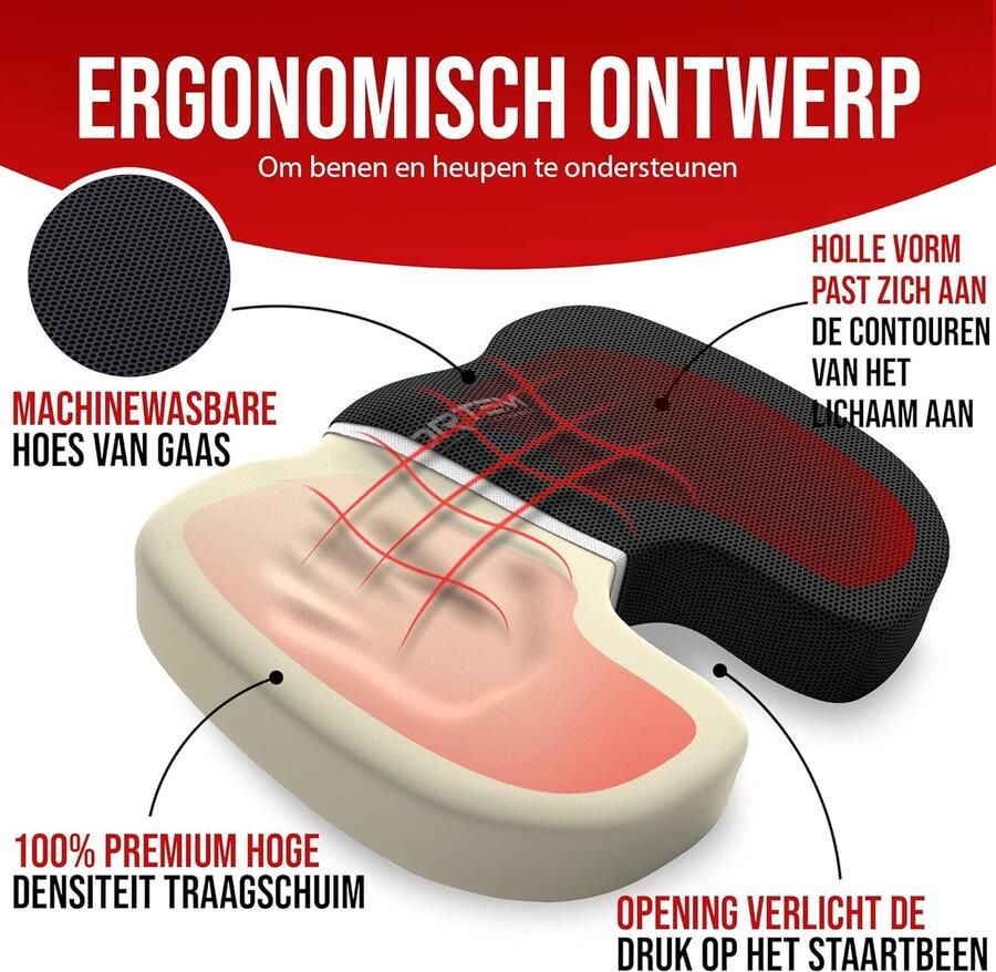 Stoelkussen Zitkussen voor Bureaustoel Autostoelkussen Orthopedisch Kussen Stuitkussen Traagschuim Zitkussen voor Bureaustoel Wasbare Hoes