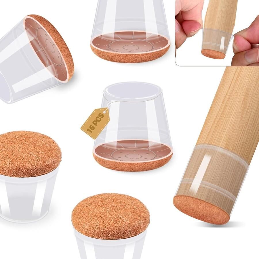 Stoelpootdoppen stoelpootbeschermers siliconen 16 stuks beschermkappen voor stoelpoten met vilt beschermkappen voor stoelpoten geen lawaai geen krassen transparant rond 22 mm 30