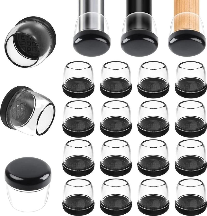 Stoelpoothoezen 16st Stoelpootschuivers voor tapijt Meubelvoetbeschermers Pads 3 4 Rond Helder TPE Hoogelastisch Zacht Rubber met Zwart Geen Kras