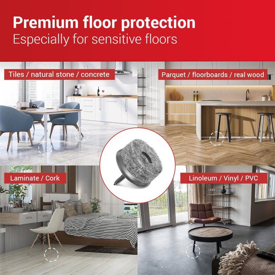 Stoelvilt schroeven set van 20 rond Ø 20 mm grijs stoelglijders met 6 mm dik vilt en metalen rand viltglijders met schroef premium vloerbeschermers voor stoelen en meubels