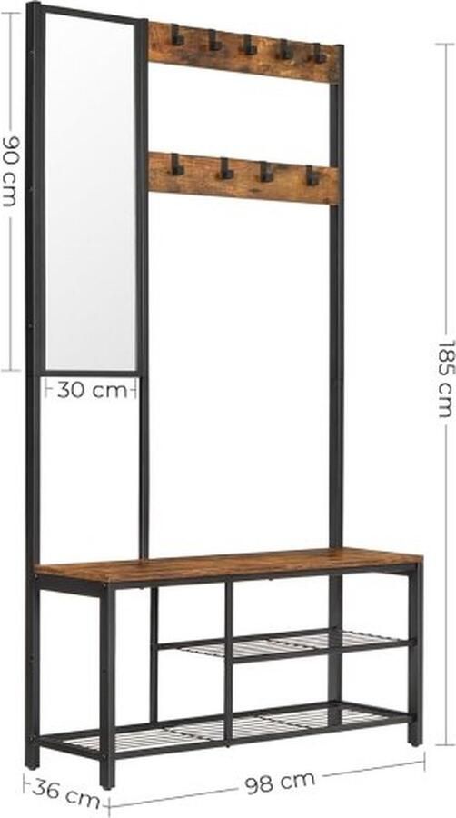 ZAZA Home Stoere industriële garderobe met spiegel voor in de gang Kapstok met schoenenbank met spiegel Vintage bruin