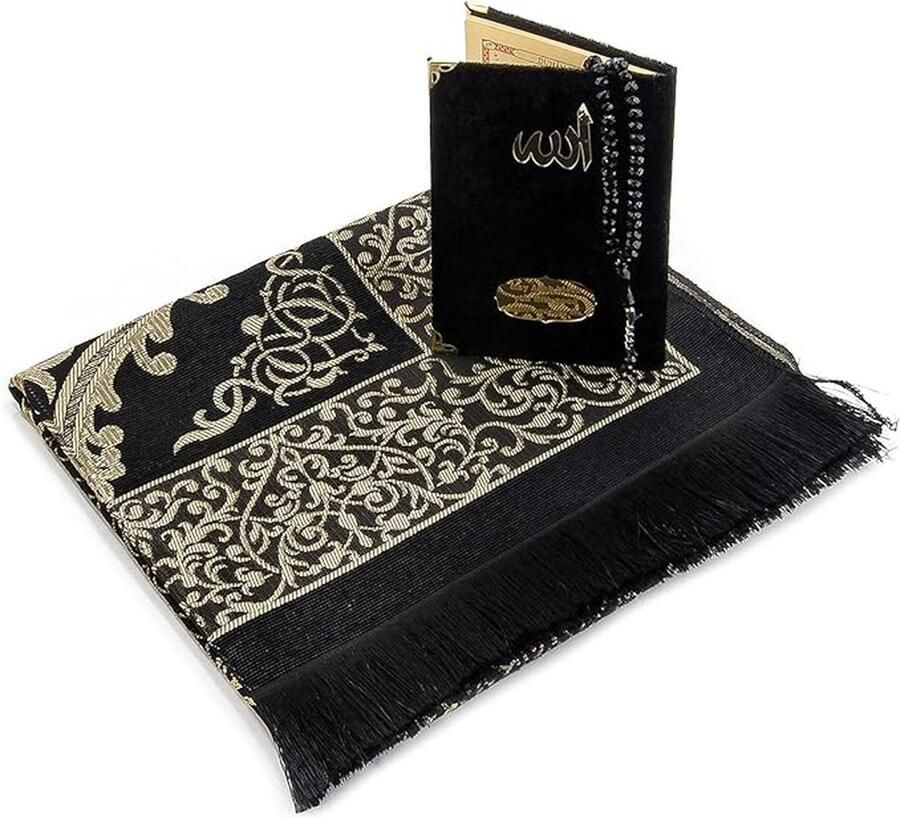 Stof moslim gebedskleed en fluweel bedekt met Surah Surahon zakzakjes en kristallen gebedskralen set met kraft in doos islamitische Ramadan Eid geschenken zwart