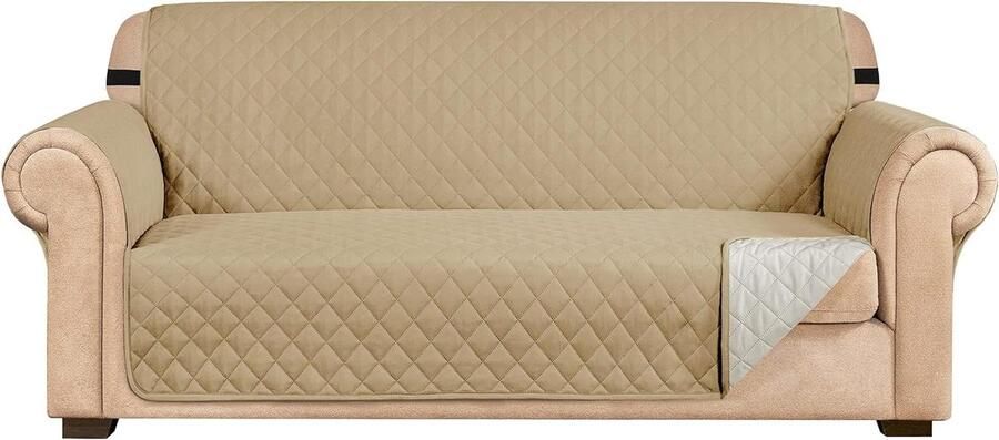 Gewatteerde bankhoes omkeerbare bankbeschermer 3-zits fauteuilhoes verstelbare elastische bandjes opbergzak aan de zijkant bankhoes kaki