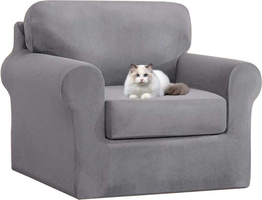 Stretch fluwelen bankhoes T-vormig bankhoes elastische verstelband slipcovers aparte kussens rugleuningen lichtgrijs 1-zits 3 stuks