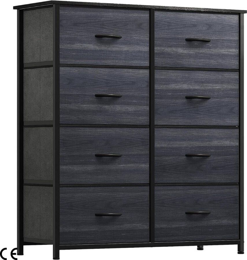 Stoffen Dressoir met 8 Laden Metalen Frame Voor Slaapkamer Woonkamer Hal Kinderkamer Houtskoolzwarte Houtnerf