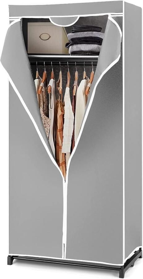 Stoffen kast met metalen frame Inklapbare kledingkast met kledingstang en stofbescherming Ruimtebesparend ontwerp 74x50x172 cm (grijs)