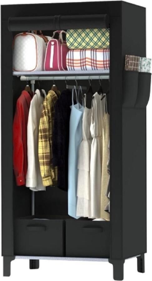 Retadou Stoffen kledingkast 161 x 59 x 45 cm opvouwbare kledingkast met 2 opbergdozen en zijvakken stabiele en draagbare stoffen kast voor slaapkamer woning en slaapzaal zwart