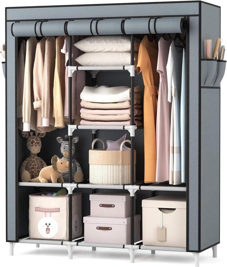 Stoffen kledingkast groot met 2 kledingstangen en 8 planken opvouwbaar met overtrek draagbaar voor kleedkamer slaapkamer (grijs 124 x 42 x 162 cm)