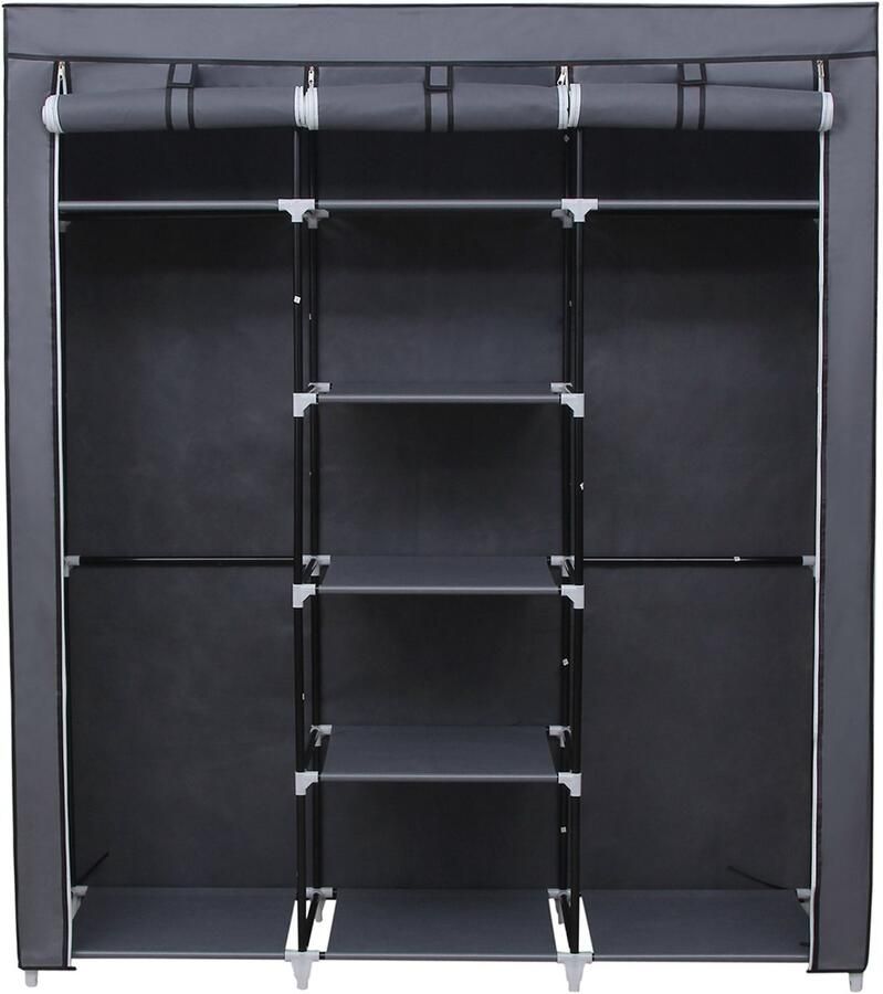 Stoffen kledingkast inklapbare garderobekast met 2 hangstangen en open plank biedt voldoende opbergruimte eenvoudig te monteren stevig en duurzaam geschikt voor woonkamer slaapkamer en kleedkamer 45 x 150 x 175 cm grijs
