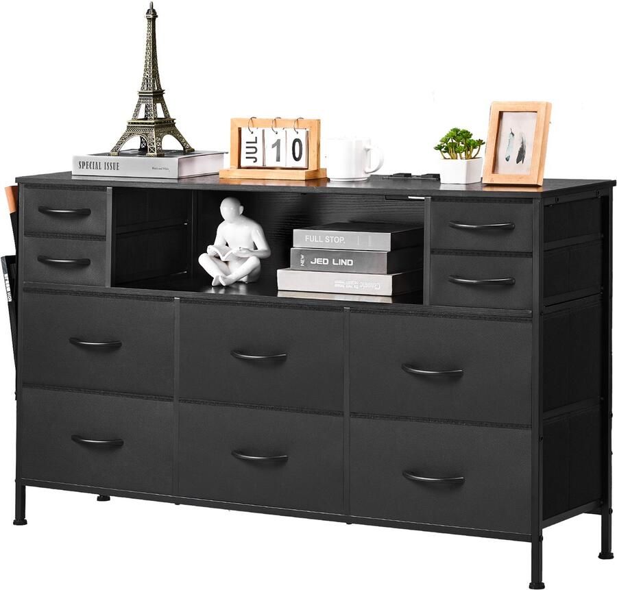 Stoffen Ladekast met 10 Lades Open Plank Ledverlichting En GeïNtegreerd Stopcontact – Ideaal voor Slaapkamer Gang Of Kast Zwart