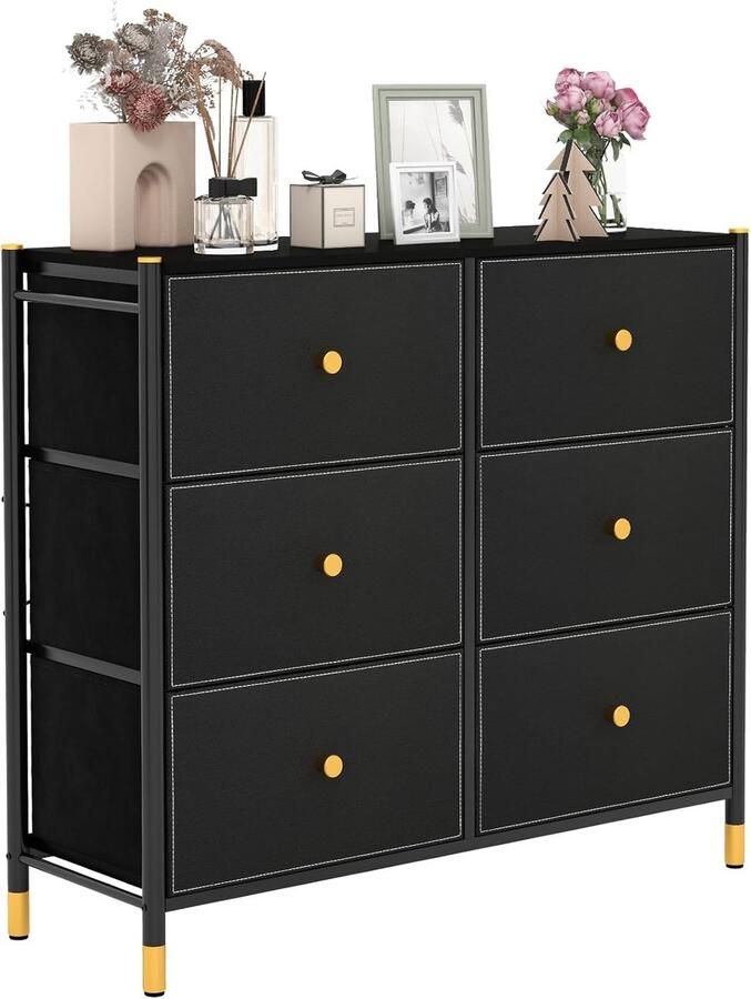 Stoffen ladekast met 6 lades ladekast met metalen frame dressoir met verstelbare voetjes en kantelbeveiliging mandplank voor woonkamer slaapkamer gang (6 lades)