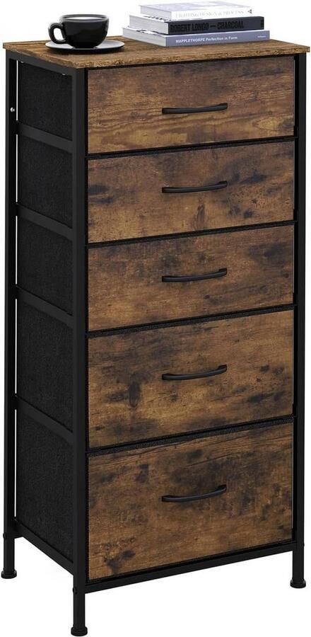 Stoffen ladekast met vintage houtlook slaapkamerdressoir dressoir met 5 laden organizer 45 5 x 95 5 x 30 cm