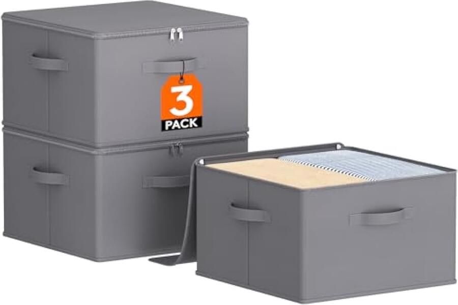 Stoffen Opbergdoos Set van 3 Opbergdoos met Deksel Garderobe Opbergvak met Ritssluiting Kast Organizer 40×40×25cm voor Kleding Deken Speelgoed Grijs