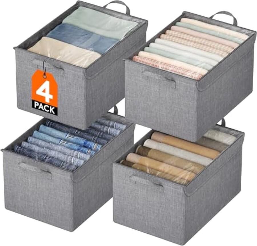 Stoffen Opbergdozen 4 Stuks Stapelbare Opbergbakken met Doorzichtig Deksel Opvouwbare Oxford Stof Kubus Kast Organizer Mand Kledingbakken voor Handdoeken Dekens Boeken Licht Grijs-Medium