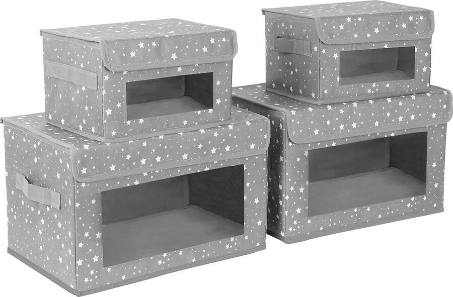 Stoffen Opbergdozen met Deksels Opvouwbare Opbergdozen voor Speelgoed Kleding en Boeken Set van 4 met Handvatten en Venster