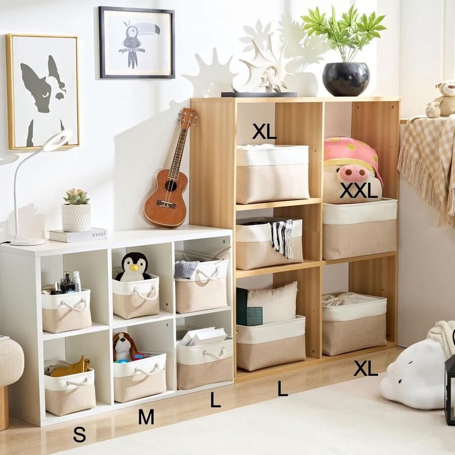 Stoffen opbergmand 3 stuks opbergdoos grote kast mand opbergstof met touw voor speelgoed kledingkast planken kleding (opvouwbaar licht kaki wit)