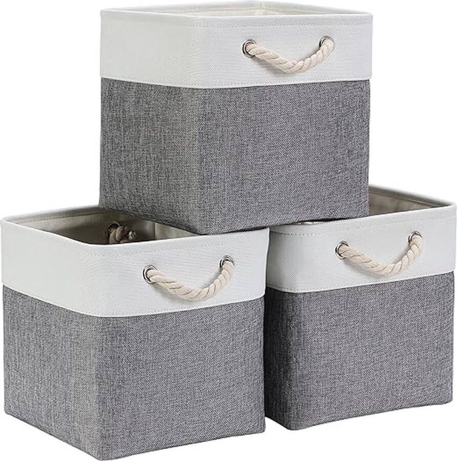 Stoffen opbergmand canvas kubus opbergdoos voor opbergkasten planken kledingkasten grijs wit 30 x 30 x 30 cm set van 3 stuks