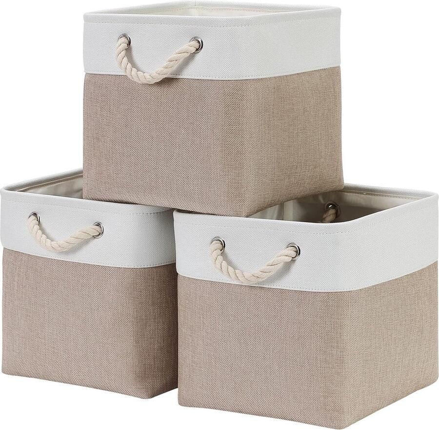 Stoffen Opbergmand Opbergdoos Set van 3 Kaki Crème Canvas 30 x 30 x 30 cm